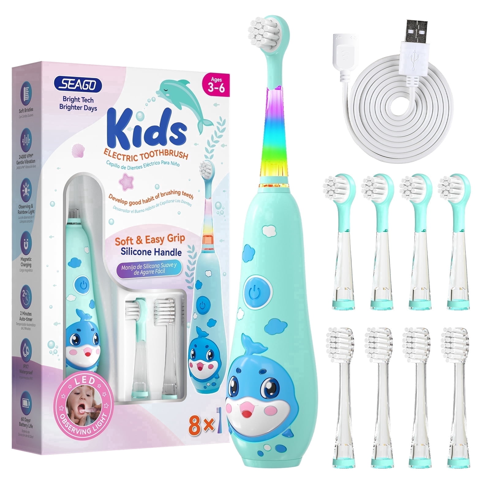 Seago Rechargeable Kids Electric Toothbrush,LED Observing Light,8 Brush Heads,for Kids 3-8 ，SG-2139 Blue