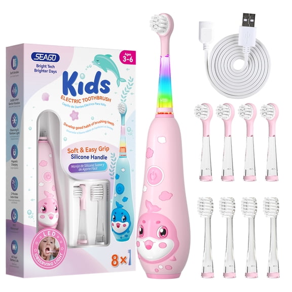 Seago Rechargeable Kids Electric Toothbrush,Magnetic Charging,LED Observing Light,8 Toothbrush Heads,for Kids 0-6， SG-2139Pink