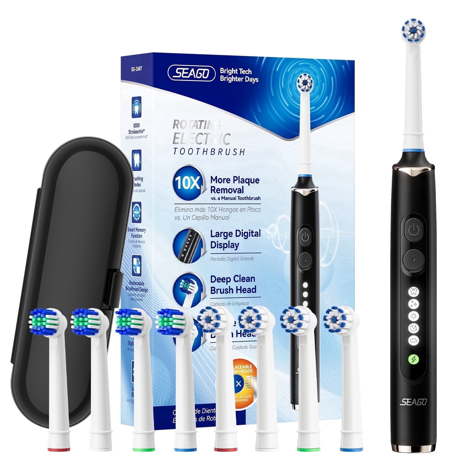 SEAGO Rotating Electric Toothbrush for adult, 8 Brush Heads, 5 Cleaning Modes, 2 Mins Timer, SG-2607(Black)