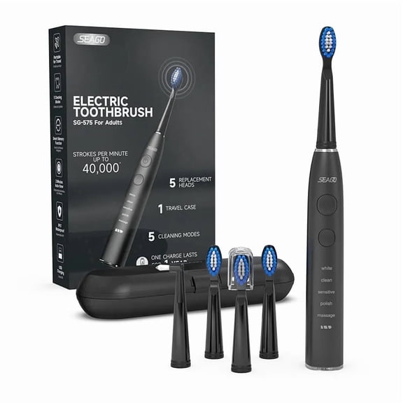 Seago Rechargeable Power Toothbrush for Adults with Travel Case, 5 Cleaning Modes, 300 Days  Battery Life ,SG-575 Blue