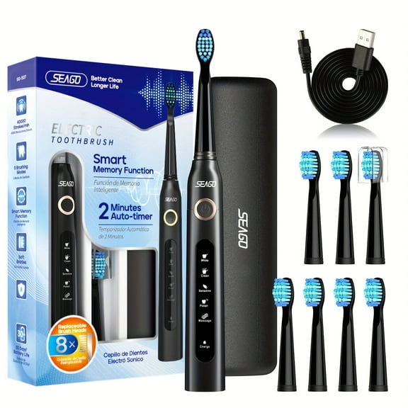 Seago Sonic Electric Toothbrush SG-507, Adult, 1USB charging cable, 8 Heads and Travel Case, 40000VPM,Black