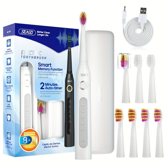 Seago Sonic Electric Toothbrush SG-507, Adult, 1USB charging cable,8 Heads and Travel Case, 40000VPM,White