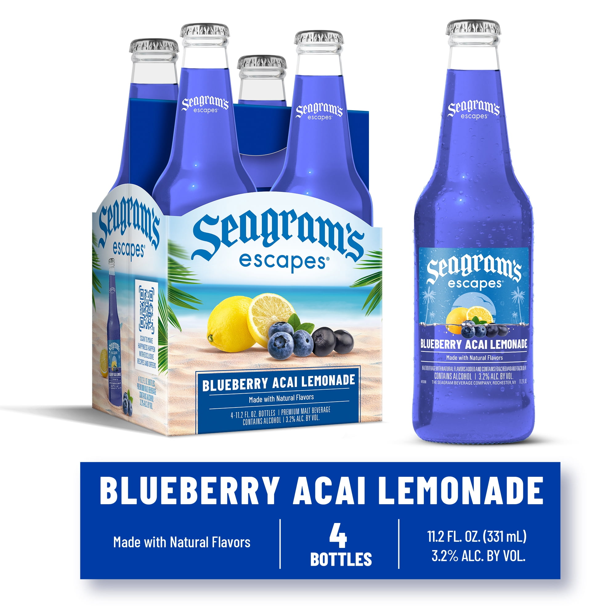 Seagram's Escapes Blueberry Acai Lemonade, Flavored Malt Beverage, 4