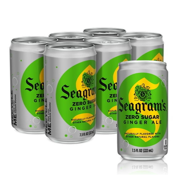 Seagrams Diet Zero Sugar Ginger Ale Mini Soda Pop Soft Drink, 7.5 fl oz, 6 Pack Cans