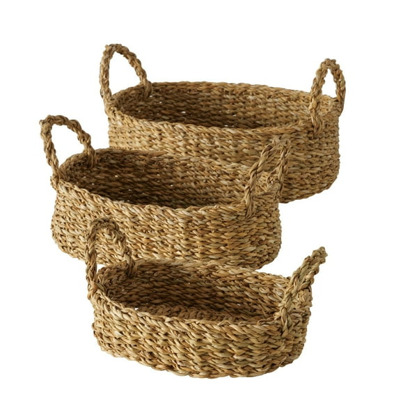 Seagrass Baskets, Set of 3, Thick Chunky Sweater Weave,  Decorative Vanity Organizers,  Closet Storage Bins,  Oval, 13.75, 11.75, and 9.5 Inches