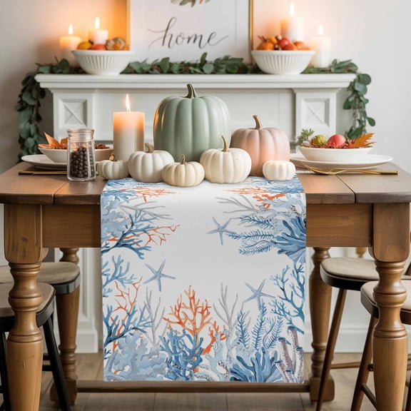 Seagrass Coral Cotton Linen Table Runner, Washable Table Runners for Kitchen, Dining Room, Holiday, Home Party Table Decor, 13x120 Inches