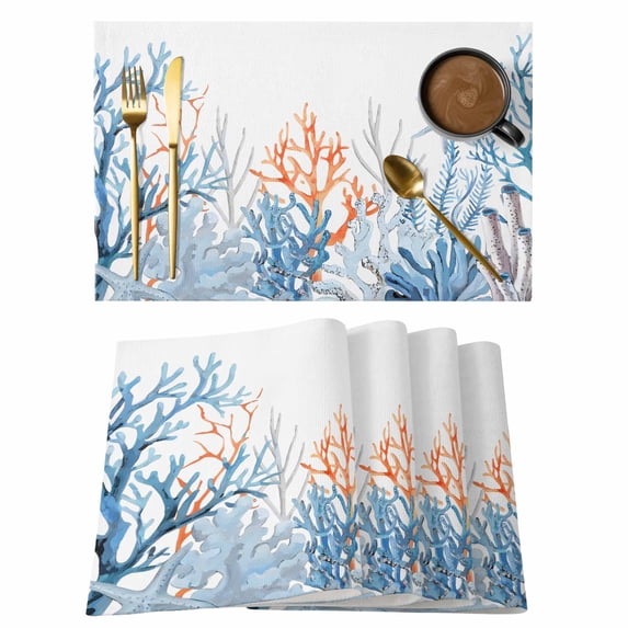 Seagrass Coral Placemats Set of 12 Ocean Retro Watercolor Countryside Heat Insulation Washable Place Mats, Rustic Non-Slip Table Mats for Dining Table Party Kitchen Decor,13x19 Inch