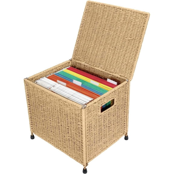 Seagrass File Filing Cabinet File Box Organizer | Collapsible Letter Size Hanging File Box Organizers with Lid | Decorative Seagrass Filing & Storage Office Box | Letter Size (Natural)