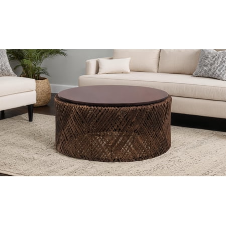 Seagrass Hand Woven Round Mid-Century Coffee Table With Solid Mango Wood Top 36" Wide
