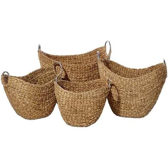 Seagrass Handmade rative and Functional Storage Basket Woven Curved Basket Organizer with Silver Metal Handles, Set of 4 Basket for Storage 14", 16", 19", 21"W, Brown