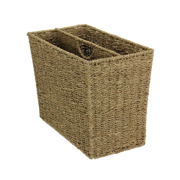 Seagrass Handwoven Wicker Magazine Rack With Divider, Natural Fiber Storage Bin For Books And Mail