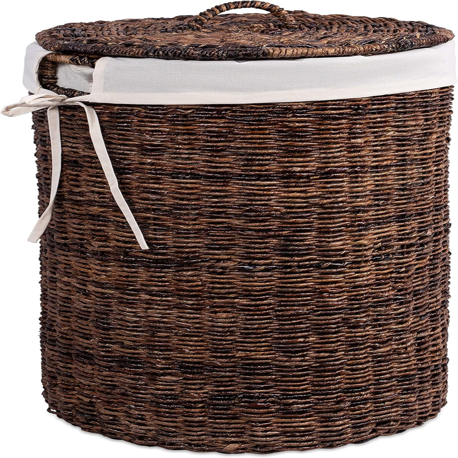 Seagrass Laundry Hamper with Liner | Round Clothes Bin with Lid | Cut