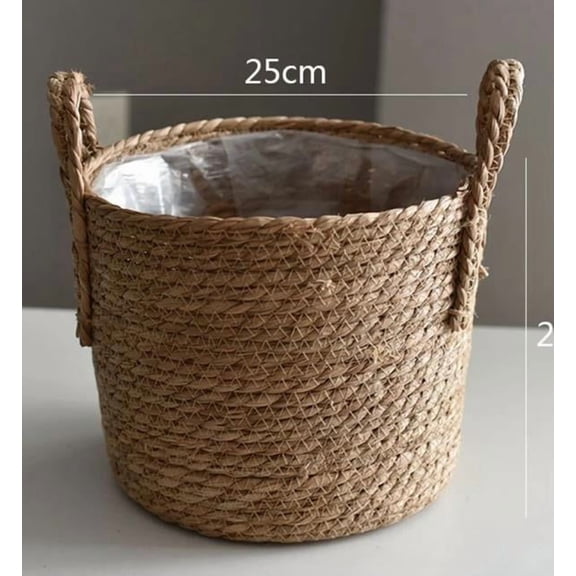 Seagrass Planter Basket Woven Plant Pot Cover with Liner, Natural Storage Basket with Handles for Indoor Outdoor Plants, Foldable Decorative Basket for Home Living Room Bedroom Organizer