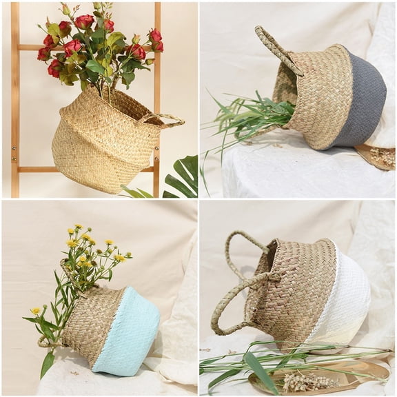 Seagrass Planter, Folding Storage Basket With Beige Bottom Belly Diameter 36Cm Height 32Cm For Indoor Plants And Home Storage