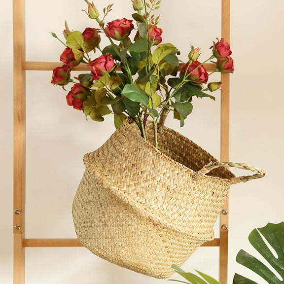 Seagrass Planter, Woven Flowerpot Folding Storage Basket Gray For Indoor Plants Home Storage And Natural Style Decoration