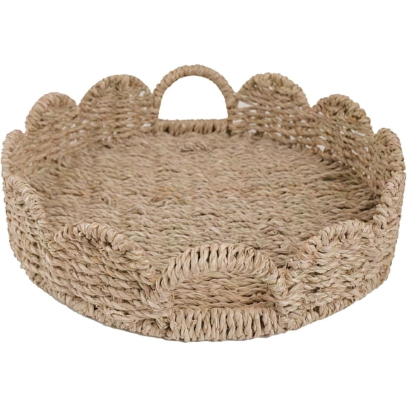 Seagrass Scalloped Tray with Handles,Round Rattan Serving Trays for Coffee Table,Woven Tray for Ottoman Decorative and Organizer Trays (Seagrass)