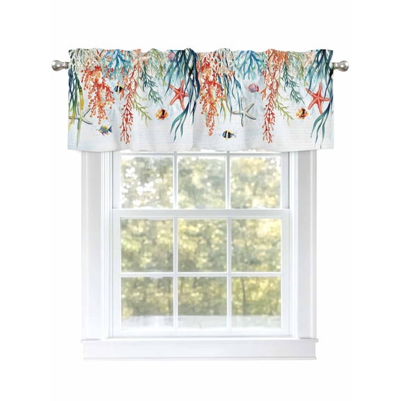 Seagrass Starfish Fish Valances for Windows, Rod Pocket Kitchen Valance Curtains - Soft & Washable Small Window Treatment for Living Room,&nbsp;Bathroom, Summer Ocean Theme , 42x12 Inch, 1 Panel