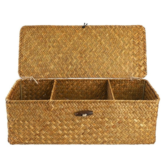 Seagrass Storage Basket Bin 3 Sections Hand-Woven Wicker Baskets with Lid Bathroom Basket Toilet Tank Baskets Holder for Organize Snack Tissue Toilet Paper, Whitewash