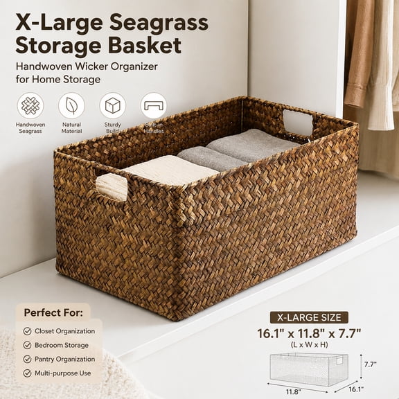 Seagrass Storage Basket with Built-in Handles, Handwoven Wicker Organizer Bin for Closet, Shelf, Bedroom - Rectangular Multipurpose Storage Box 16.1"L x 11.8"W x 7.7"H