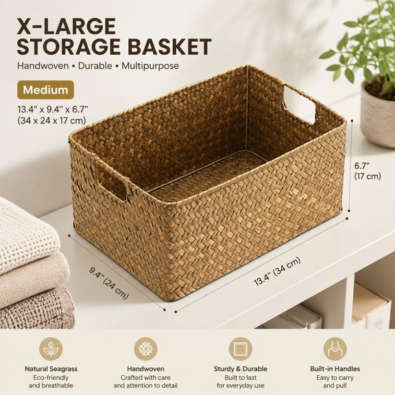 Seagrass Storage Basket Rectangular Handwoven Wicker Organizer with Handle for Closet Bathroom Shelf Medium Caramel
