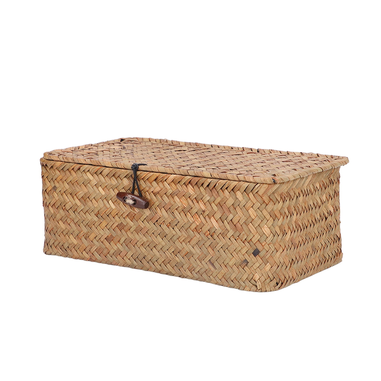 Seagrass Storage Basket, Simple Large Capacity Dustproof Soft Woven Rectangular Basket Bins With Lid For Bathroom L