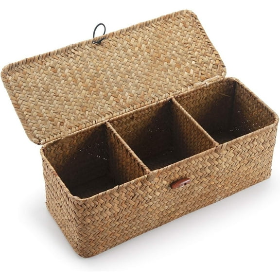 Seagrass Storage Basket with Lid Rectangular Small Woven Shelf Baskets with Sections for Organize Snack Toys Tampon