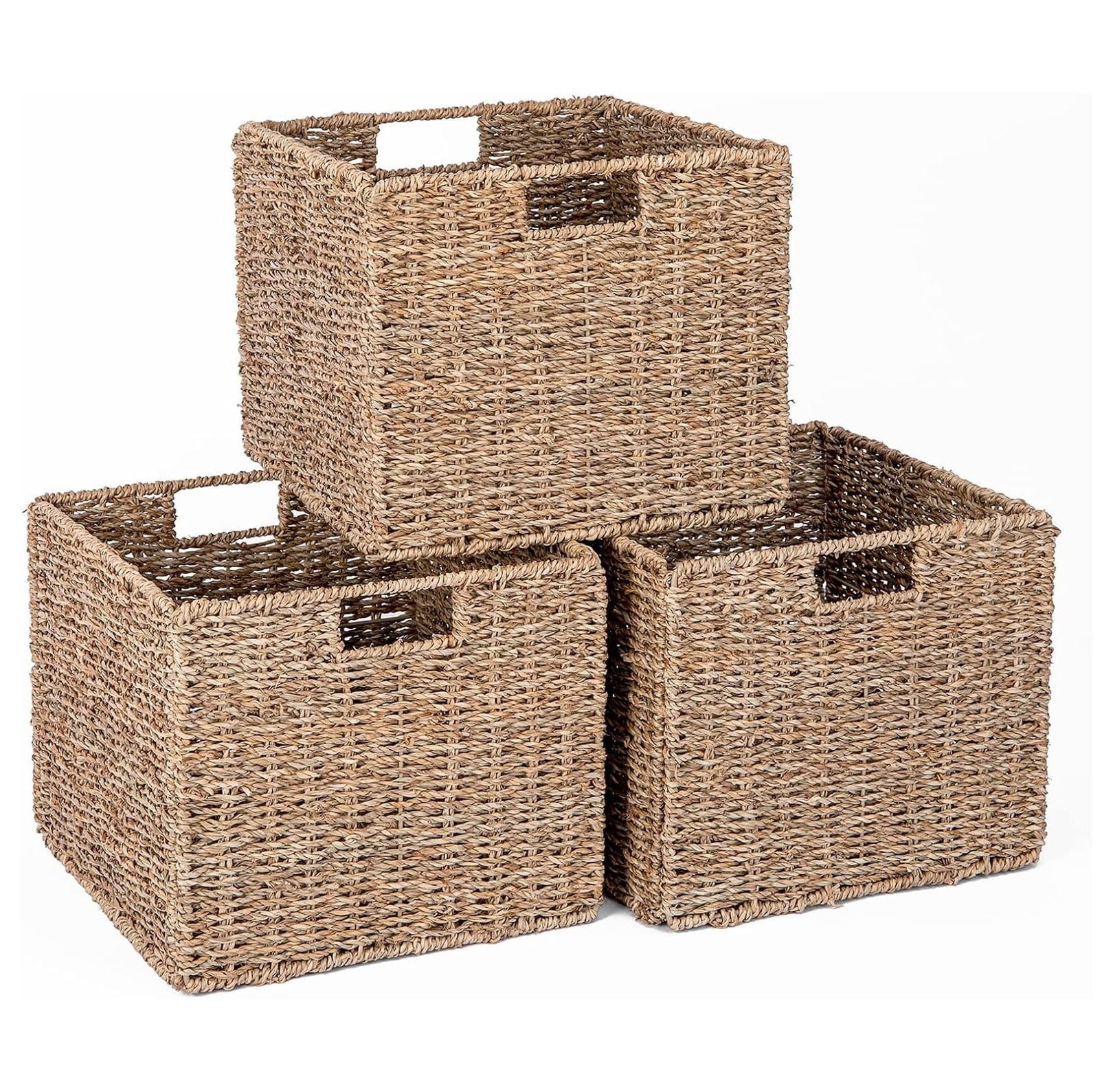 Seagrass Storage Baskets 12x12x10in Cube Wicker Storage Basket Set of 3 ...