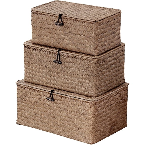 Seagrass Storage Baskets with Lid Set of 3,Wicker Basket Storage Bin for Shelves,Rectangular,Boho Decor,Handwoven Shelf Basket for Organizing-Storage Container Box for Home Organization-Coffee