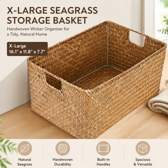 Seagrass Storage Baskets X-Large Handwoven Wicker Bin with Handles Rectangular Closet Organizer Bedroom Pantry Multipurpose Basket Caramel