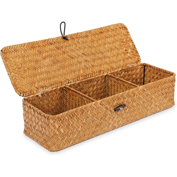 Seagrass Storage Large Basket with Lid,Wicker Basket Storage Bin with Lid for Shelves,Boho Decor,Handwoven Shelf Basket for Organizing-Storage Container Box for Home Organization-Natural