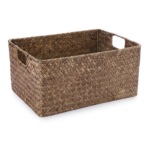 Seagrass Storage Opened Baskets Bin For Shelf Organizing Handwoven Wicker Rectangular Decorative Basket Closet Bedroom Organizer Box Multipurpose With Handle