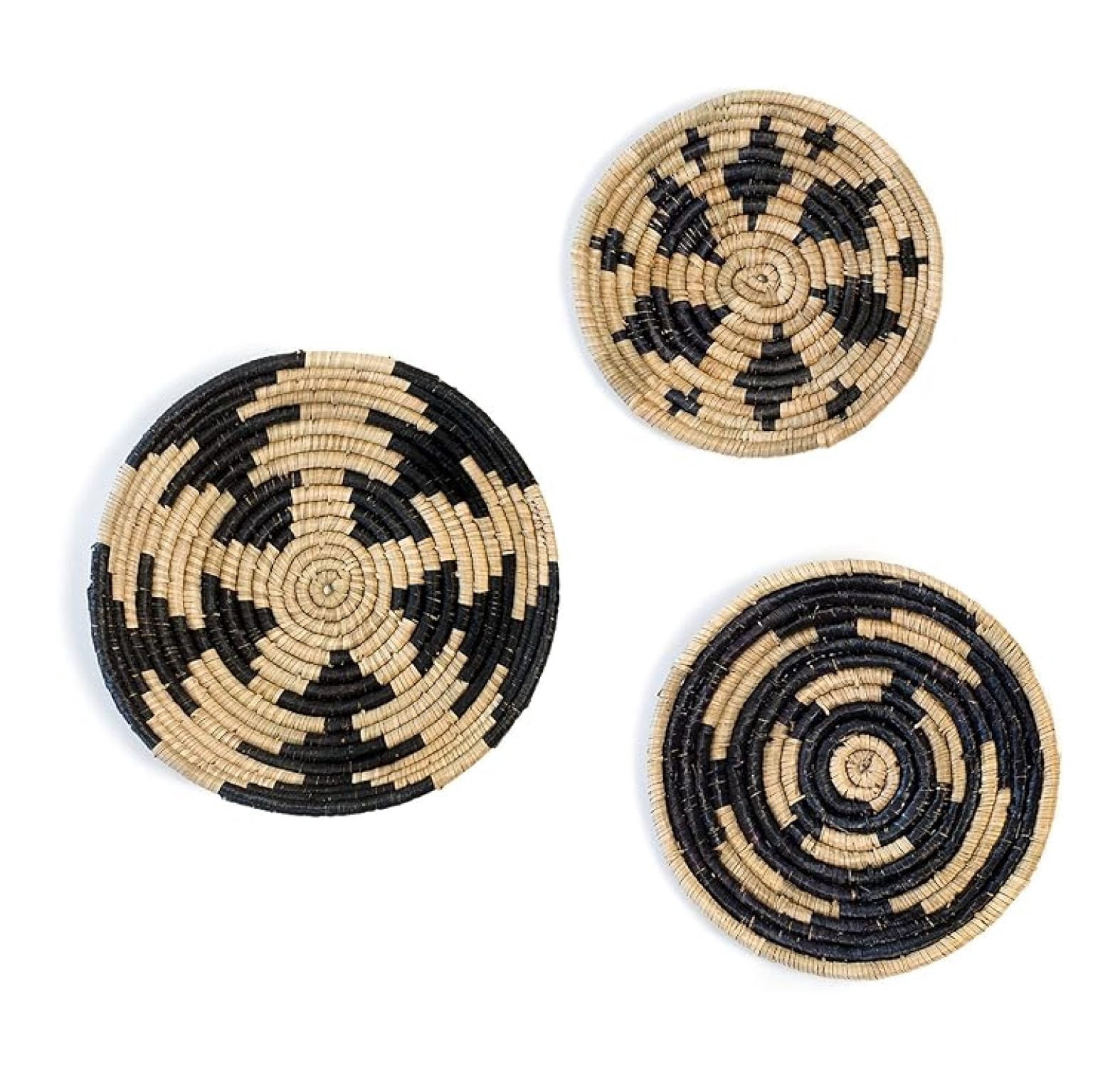 Seagrass Wall Baskets, Boho Decor Set of 3 - Black Woven Hanging Baskets for Wall - Circular Rattan Basket for Living Room, Bedroom - Handwoven Decorative Bowls