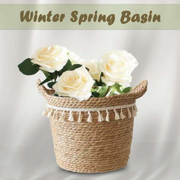 Seagrass Wicker Basket Flower Pot Folding Basket Storage Basket Decoration Storage Case,C,Wicker Straw