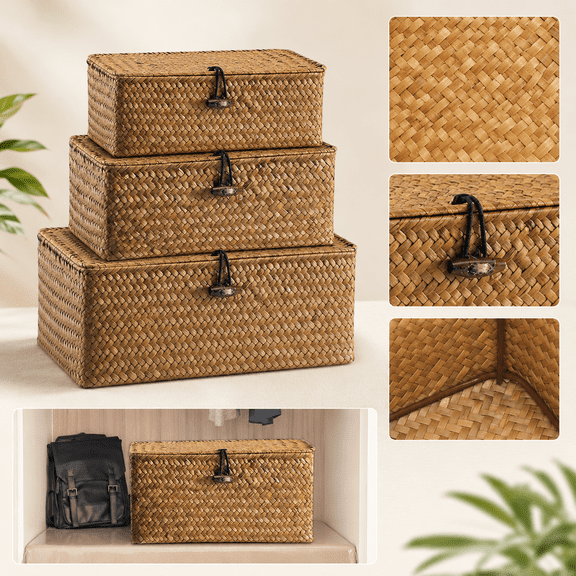 Seagrass Wicker Storage Basket with Lid, Rectangular Woven Storage Box for Shelf Organizer, Decorative Basket for Snacks, Remote, Toiletries, Accessories, 3 Sizes