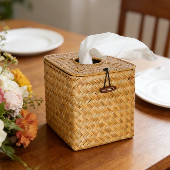 Seagrass Woven Decorative Tissue Box Cover, Funny Durable Natural Fiber Tissue Holder for Bathroom, Living Room, Bedroom and Office Desk, Aesthetic Tissue Storage Case for Home Decor, 6*6*6in, Brown