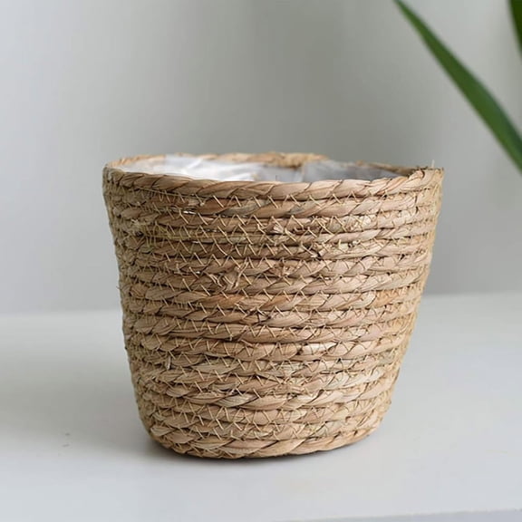 Seagrass Woven Planter Basket With Built-In Liner, Multi-Use Decorative Pot Cover For Plants & Storage (Brown-L-20Cm)#5552