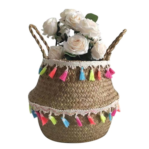 Seagrass Woven Planter Basket with Tassels Collapsible Storage Basket Colorful Boho Decor for Indoor Outdoor Garden Patio Home Plant Pot