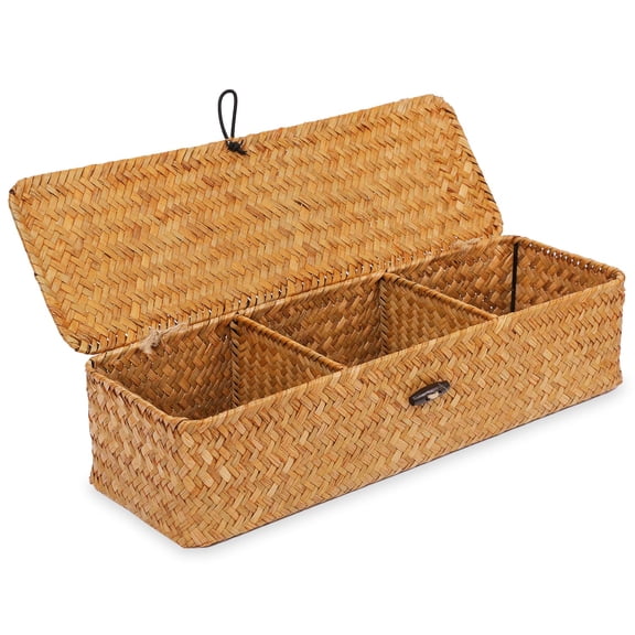 Seagrstorsmall Basket With Lid - 3-section Divided Organizer For Tea Sugar Coffees Woven Shbin Closet Toilet Tank Rectangular Narrow Boho Home Decor