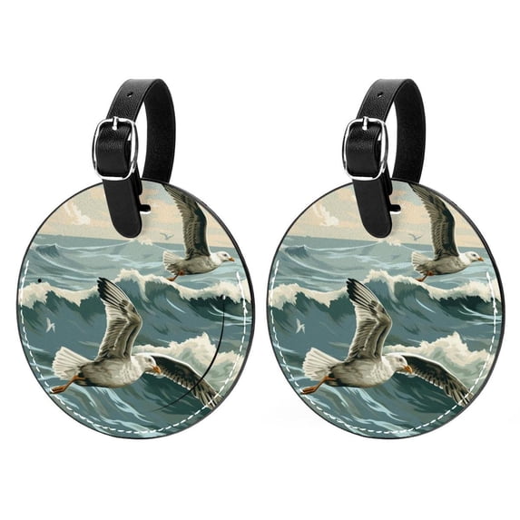 Seagull 2Pcs PU Leather Round Luggage Tags with Privacy Cover and Name ID Tag for Suitcase, Handbags, Backpacks, School Bags