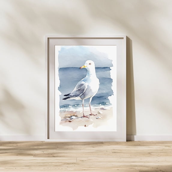 Seagull Beach Art Print, Coastal Wall Decor Home Decor #1703, Unframed Poster Size 12x18