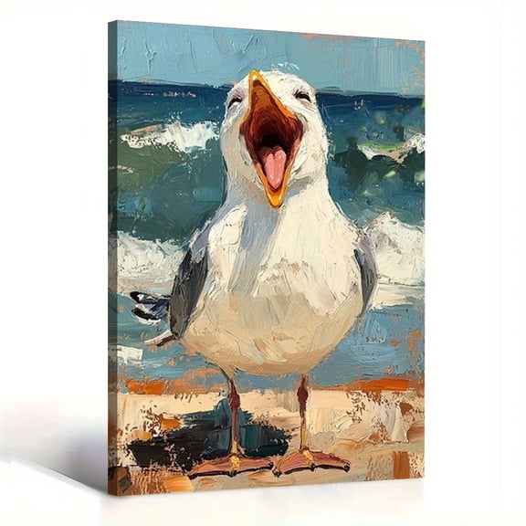 Seagull Beach Canvas Wall Art Funny Ocean Bird Painting Coastal Living Room Bedroom Bathroom Wall Decor Print Ready to Hang 8*12