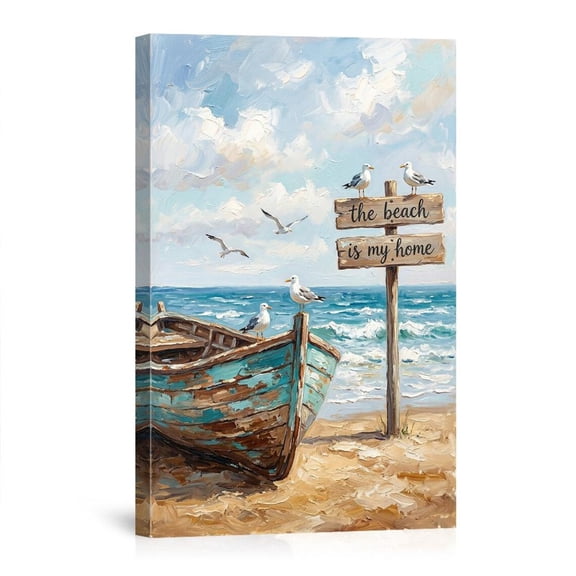 Seagull Beach House Coastal Home Rustic Rowboat Ocean The Beach Is My Home Sign Canvas