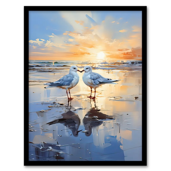 Seagull Bird Couple Beach Sunset Oil Painting Coastal Landscape Artwork Artwork Framed Wall Art Print A4