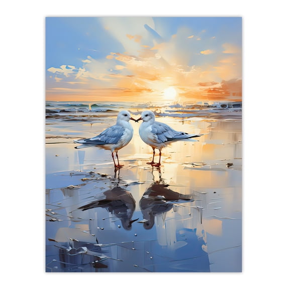 Seagull Bird Couple Beach Sunset Oil Painting Coastal Landscape Artwork ...