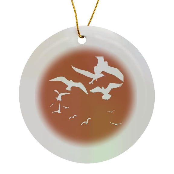 3drose, Seagull Bird Flock Scavenging White Silhouette, Circle Porcelain Ornament