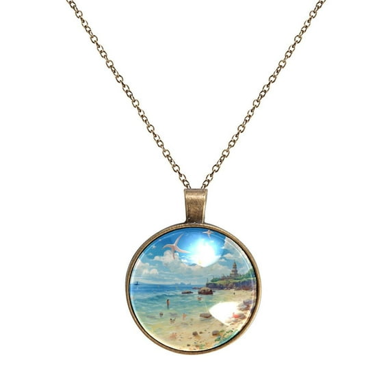 Seagull on Blue Seashore Necklace Personalized Custom Photo Round Pendant Adjustable Stainless Steel Necklaces with Gift Box for Men Women Mothers Valentine's Jewelry Gift