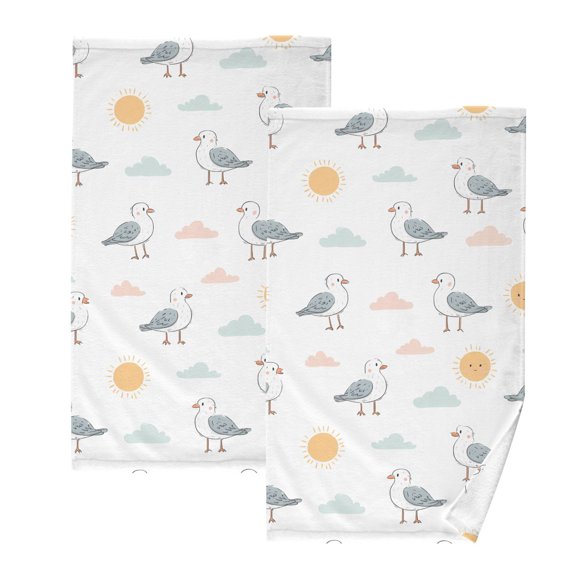 Seagull Cloud Sun Pattern Cotton Towel Set Face Hand Towels 2 Pack Soft Absorbent 16x28in