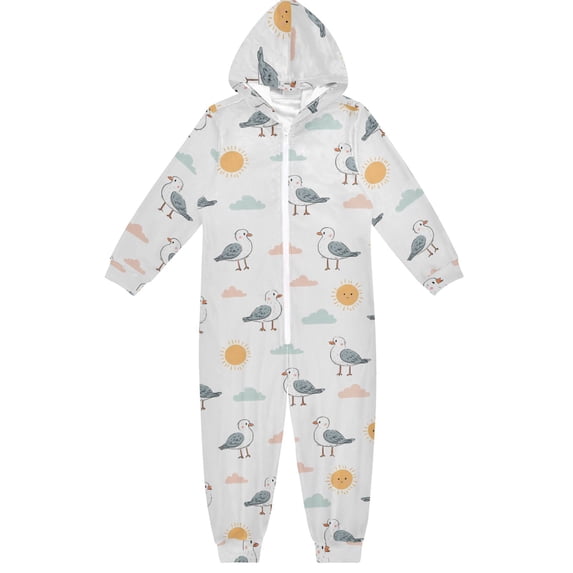 Seagull Cloud Sun Pattern One Piece Pajamas Soft Jumpsuit Cozy Sleep and Play Romper Zipper and Pockets 12Y-13Y