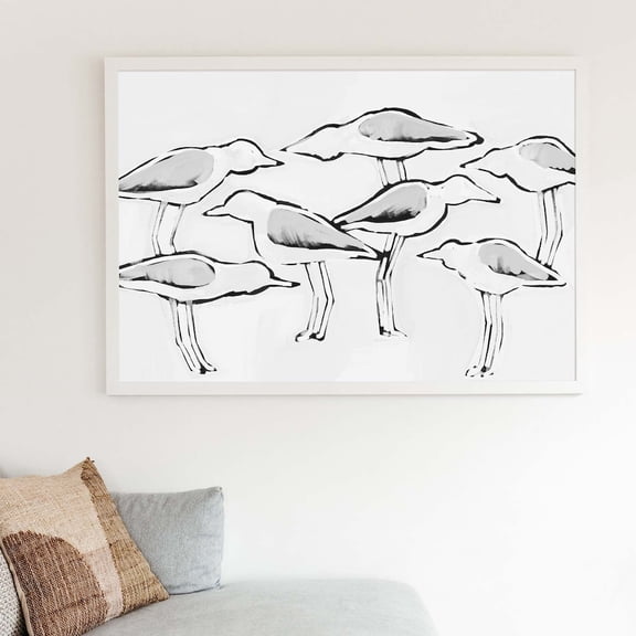 Seagull Decor "Black White Gulls In Waiting" Art Or Art, Unframed Paper Print