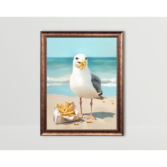 Seagull French Fries Cute Coastal Kitchen Fun Snack Wall Art, Unframed Paper Poster 8x10in